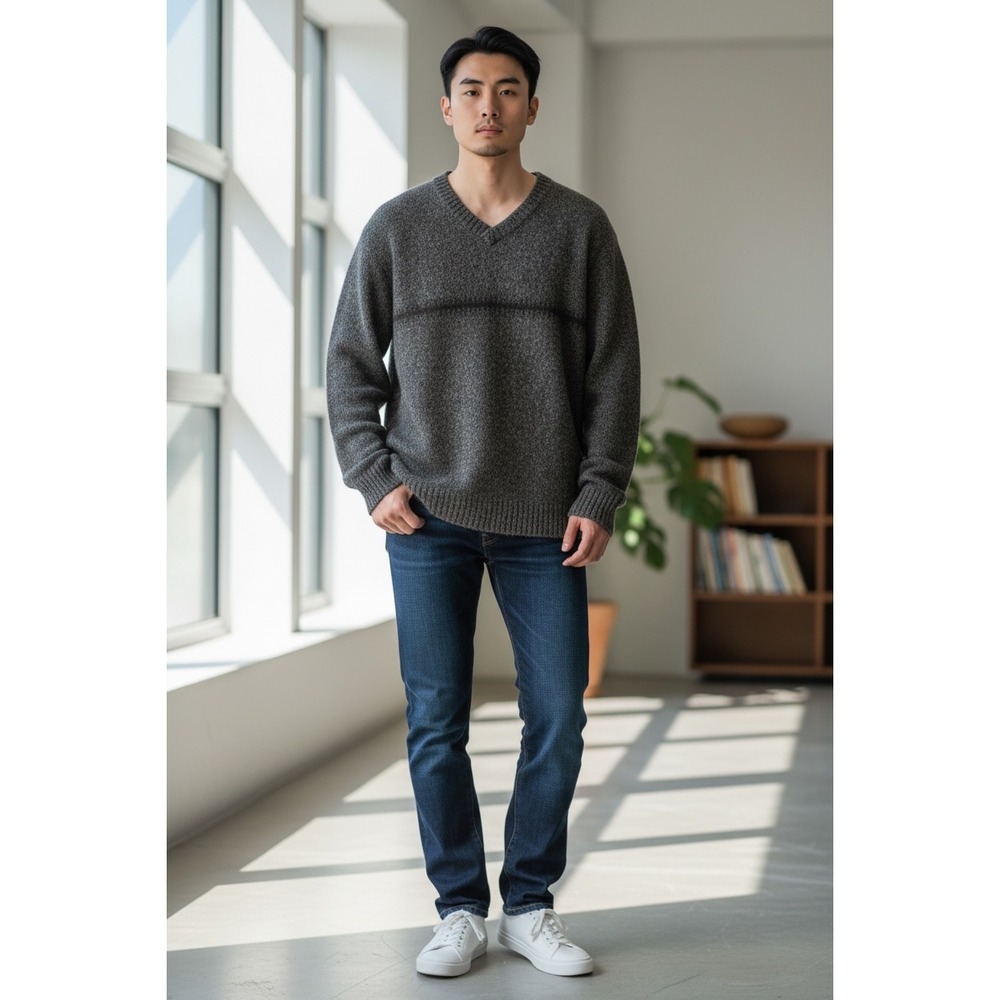 Garret‎ Scott Mens 100% Shetland Wool V-Neck Sweater Charcoal Grey Stripe XL